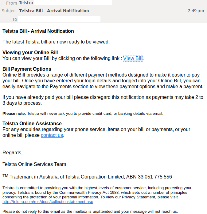 Fake Telstra bill notifications are infiltrating inboxes